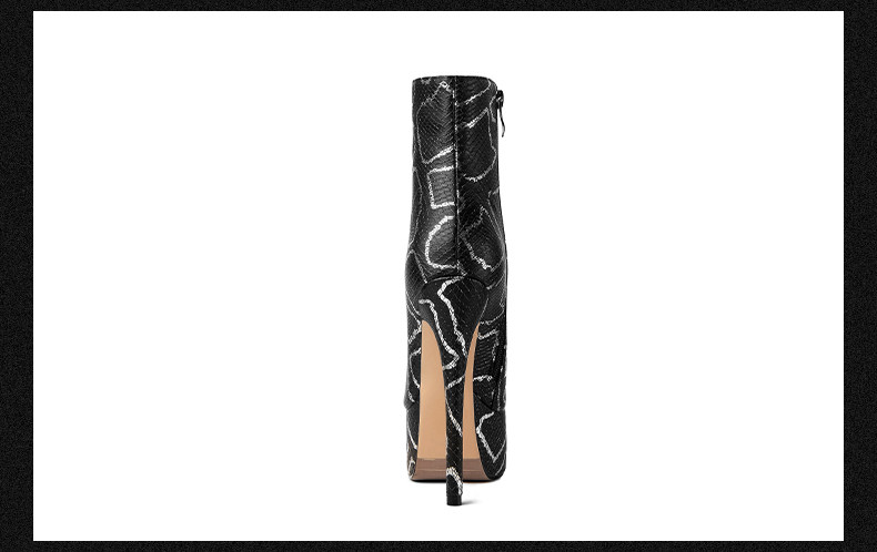 Boot cổ thấp nữ gót siêu cao 12–15 cm họa tiết vảy rắn, đế chống nước, khóa kéo bên — Đen Cao Gót 12cm, Trắng Cao Gót 12cm, Đen Cao Gót 13cm, Trắng Cao Gót 13cm chi tiết 12