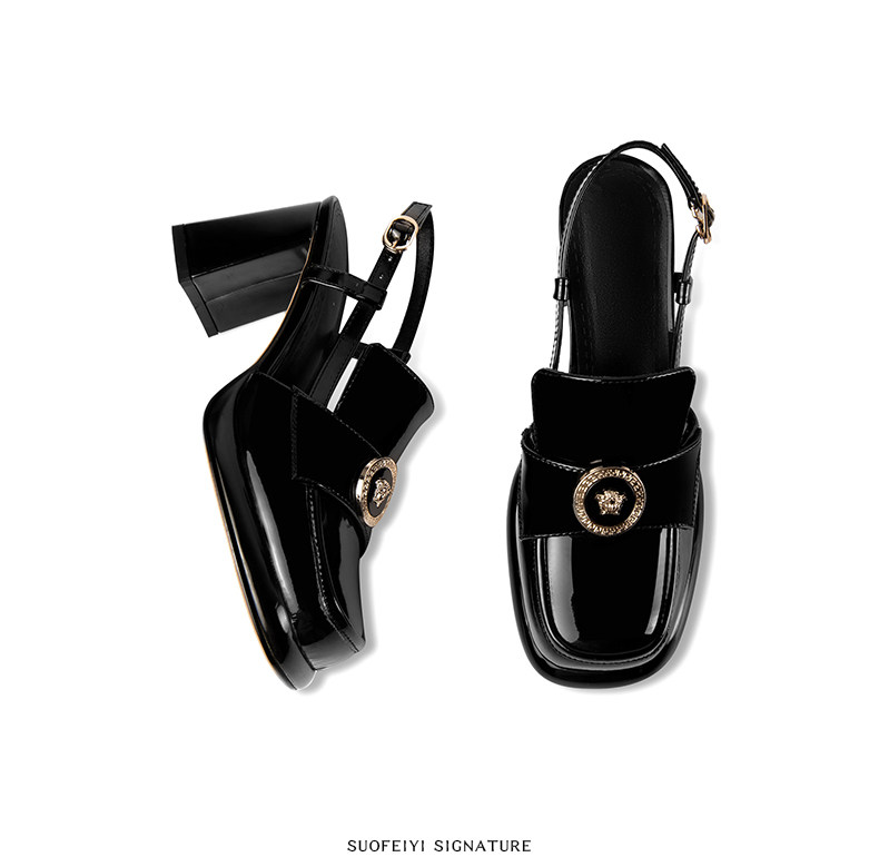 Sandal cao gót nữ hở mũi mũi vuông da bóng gót dày 5-8 cm — Màu Caramel, Màu Đen chi tiết 5