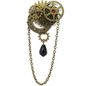 Steampunk mechanical gears black crystal gothic dark clock pin brooch badge chain tie 36