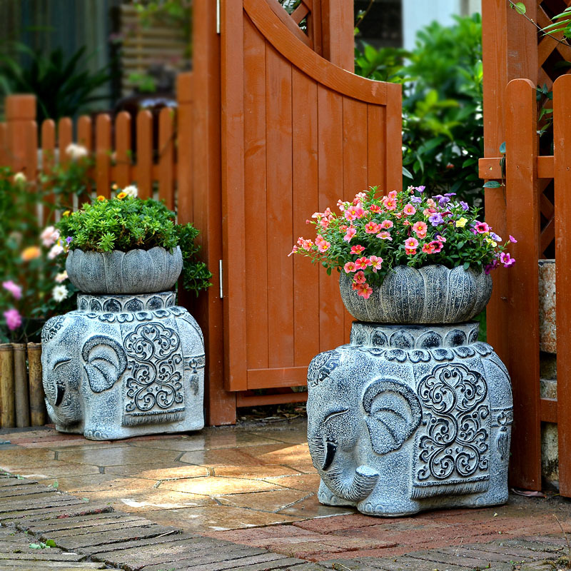 Antique-Style Elephant Artificial Stone Pedestal Outdoor Flower Trough Flower Pot Base Courtyard Garden Arrangement Entrance Door Decoration Ornament