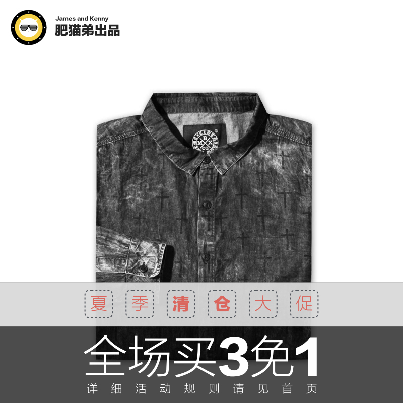 肥猫弟出品 潮流大码男装 加肥加大胖胖肥佬全棉秋季印花长袖衬衫