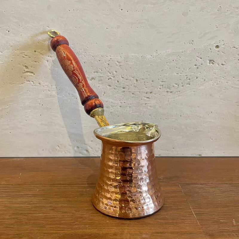 Turkish Coffee Pot with Wooden Handle, Original Imported Hammered Copper, Sand-Cooked Ibrik for 2 People