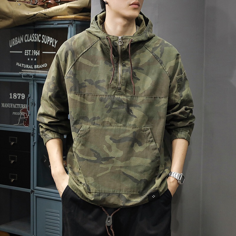Spring and Autumn Retro Casual Half-Zip Camouflage Sweatshirt Men's Trendy Loose Hooded Outdoor Workwear Jacket