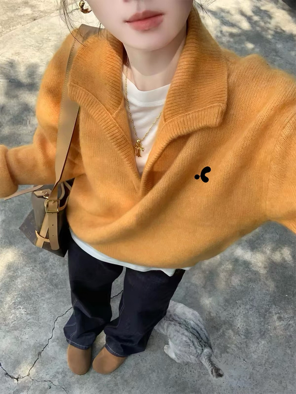 [Official Authentic] Rr Restrecrtion Old Money Style Lapel Pullover Sweater Loose Knit Top Winter