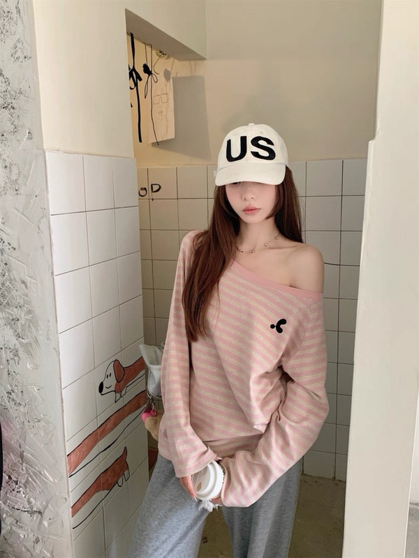 [Rr Restrecrtion] Spring and Summer New Style Letter-Printed Striped Long-Sleeved T-Shirt Korean Style Off-The-Shoulder Loose Top