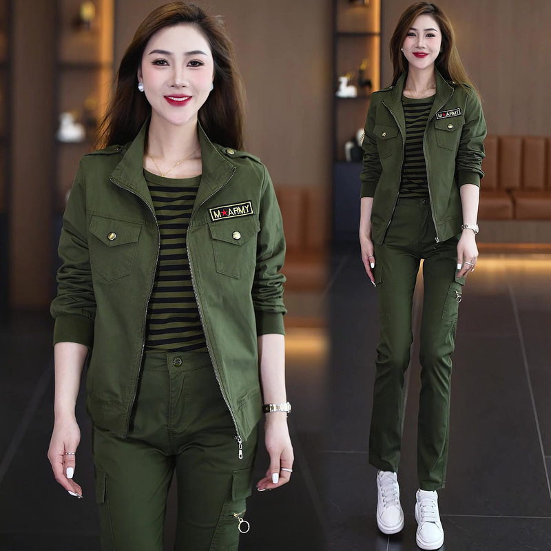 Camouflage Suit Three-Piece Set for Women, Zip-Up Cardigan, Short Cotton Jacket, Two-Piece Set, Spring and Autumn Outerwear