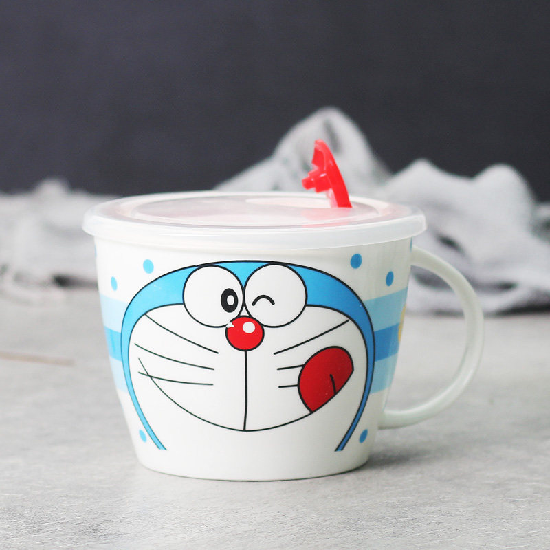 Ceramic Large Breakfast Cup Oatmeal Bowl Oatmeal Cup Instant Noodle Bowl with Cover Microwave Soup Bowl Tableware with Spoon and Chopsticks