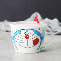 Ceramic large breakfast cup cereal bowl Oatmeal cup instant noodle bowl with a lid microwave oven soup bowl tableware delivery spoon chopsticks