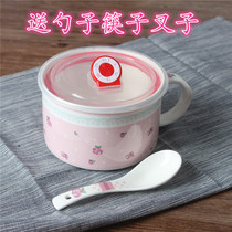 Creative bento box ceramic soup bowl instant noodle cup Lunch Box Noodle Bowl fresh medium with lid handle spoon chopsticks can be Microwave