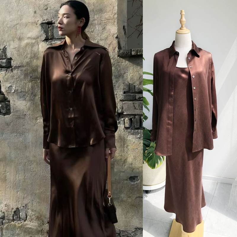 Luxurious and Elegant, Old Money Style Dark Brown Chocolate Color Sand-Washed Satin Silk Long-Sleeved Shirt, Versatile for Commuting