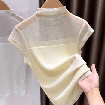 Xia bing silk mesh ເຄິ່ງເຕົ່າຄໍຄໍຂະຫນາດນ້ອຍເປັນຮູກະທັດຮັດດ້ານເທິງສູງສົດໃສຜ້າໄຫມ lace splicing ເສື້ອທີເຊີດແຂນສັ້ນສໍາລັບແມ່ຍິງ
