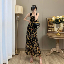 Floral suspender dress ladies long skirt French retro slim temperament show thin backless fishtail skirt strappy skirt summer