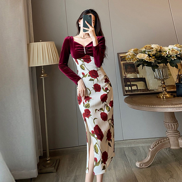 French retro rose print high-end small court style temperament thin high waist slit dress autumn women