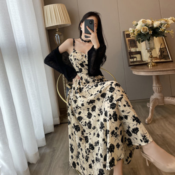 Floral suspender dress female 2022 summer new French retro Hepburn style high-end temperament two-piece suit