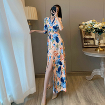 French temperament waist slim slim slim split V neck floral dress wrap skirt vacation long skirt 2022 spring summer