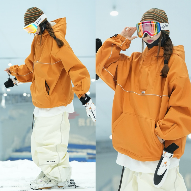 Shen Xiaoxian Doceshen Softshell Windproof and Waterproof Fleece-Lined Sweatshirt Hoodie Ski Jacket with Hood Pumpkin Orange