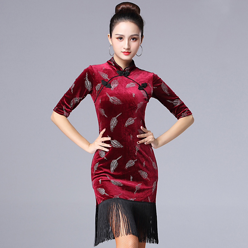 New cheongsam-style Latin dance dress female adult retro Chinese style performance clothing tassel printing practice dance clothing