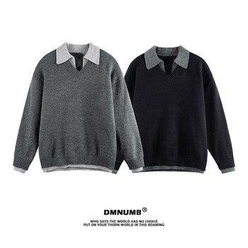 American retro fake two piece lapel sweater American retro fake two piece lapel sweater