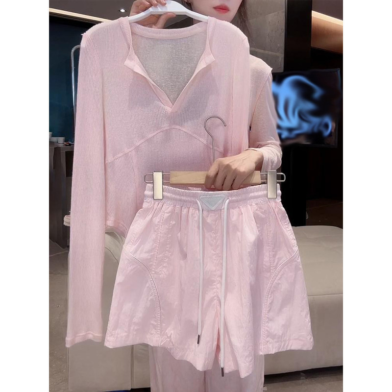 Milan Style Mdcw Super Pretty Summer Outfit Set 2026 New Pink Long-Sleeved Sun Protection Top and Shorts Two-Piece Set