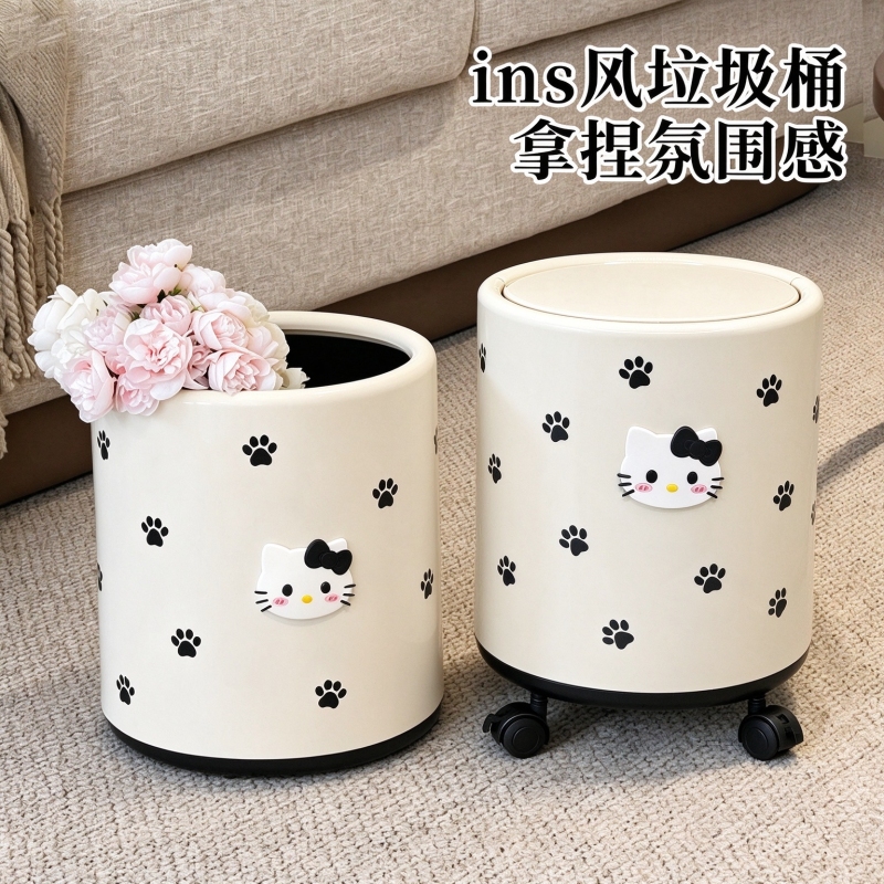 Trash Can for Home Use with Lid and Wheels, 2026 New Model, Cute Kt Cat Design, Suitable for Girls, Mobile, for Living Room, Bedroom, Bathroom, High Aesthetic Value Trash Can for Home Use with Lid and Wheels, 2026 New Model, Cute Kt Cat Design, Suitable for Girls, Mobile, for Living Room, Bedroom, Bathroom, High Aesthetic Value