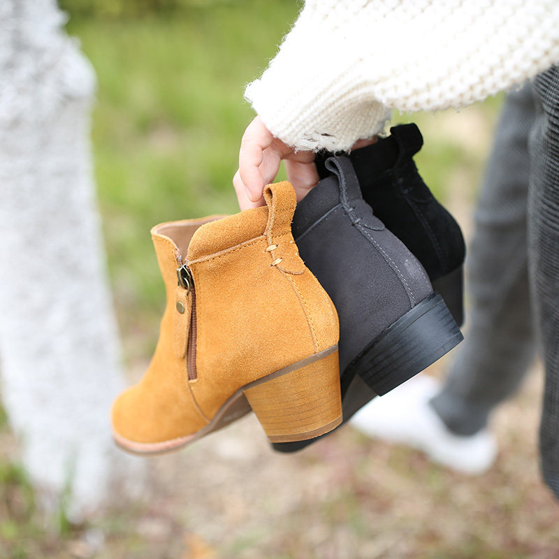 Clearance Special Scrub Leather Middle Heel Booties Genuine Leather Double Zipper Full Leather Small Size Thick Heel Round Toe Boots Women's Grey