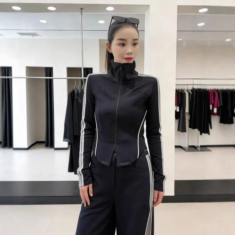 2026 Spring New Style High-Elastic Casual Suit Double Zipper Top Wide-Leg Pants Three-Stripe Two-Piece Set