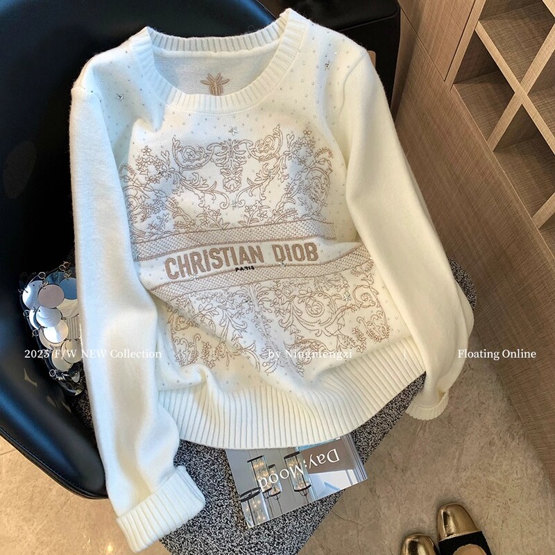 Tweed Style White Sweater with Rhinestone Embroidery for Women, 2025 Winter New Style, Lazy Style, Elegant Casual Knitwear