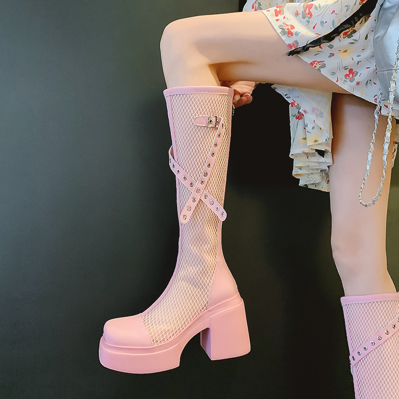 [Shansu] 10cm Pink Platform Mesh Boots Women's Long Boots High-Heeled Studded Sandals Chunky Heel Platform Sole Genuine Leather High Boots