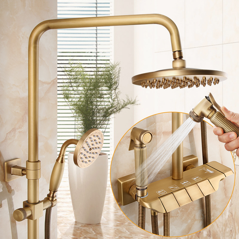Queen's Family Retro Shower Set French Antique Bathroom Adjustable Solid Brass Body Button Faucet Showerhead