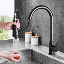 Nordic black pull-out kitchen faucet full copper body rotating hot and cold sink vegetable basin multifunctional faucet