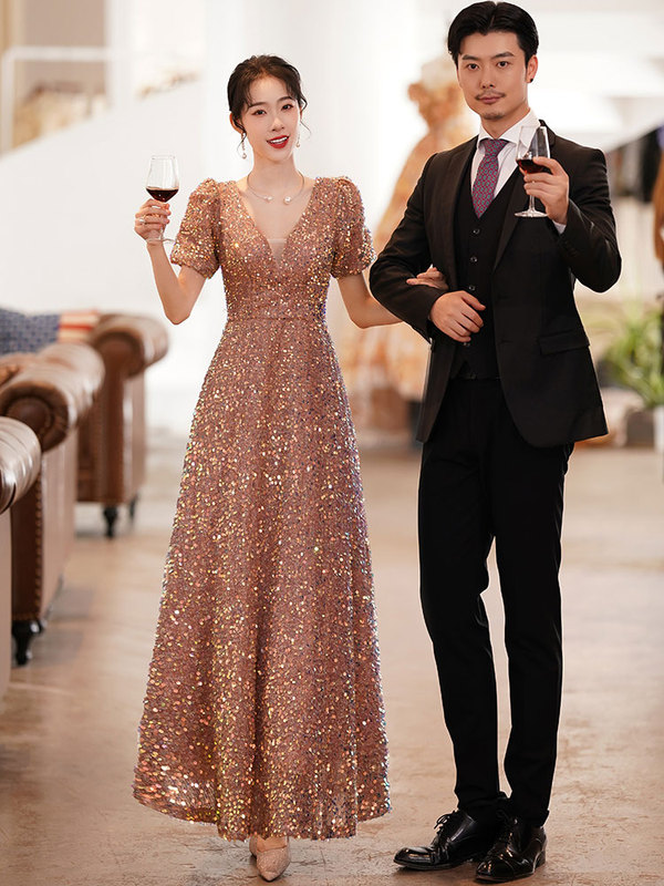 Evening Dress for Women 2023 New Style Banquet Elegant High-End Light Luxury Niche French Style Sophisticated Sequin Annual Meeting Host