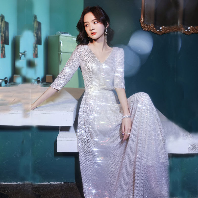 Paris Light Luxury Brand Designed Champagne-Colored Sequin Evening Dress for Women, High-End, Elegant, Light Luxury, Classy and Grand for Annual Meetings