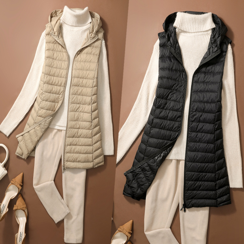 Hooded Lightweight down Vest for Women, Mid-Length, New Autumn and Winter Sports Vest with down Lining, Hooded Vest for Off-Season