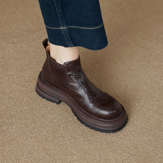 Jiaowenxi thick-soled Chelsea boots, thick-heeled short boots, women's spring and autumn single boots, genuine leather and nude boots, British style Martin boots