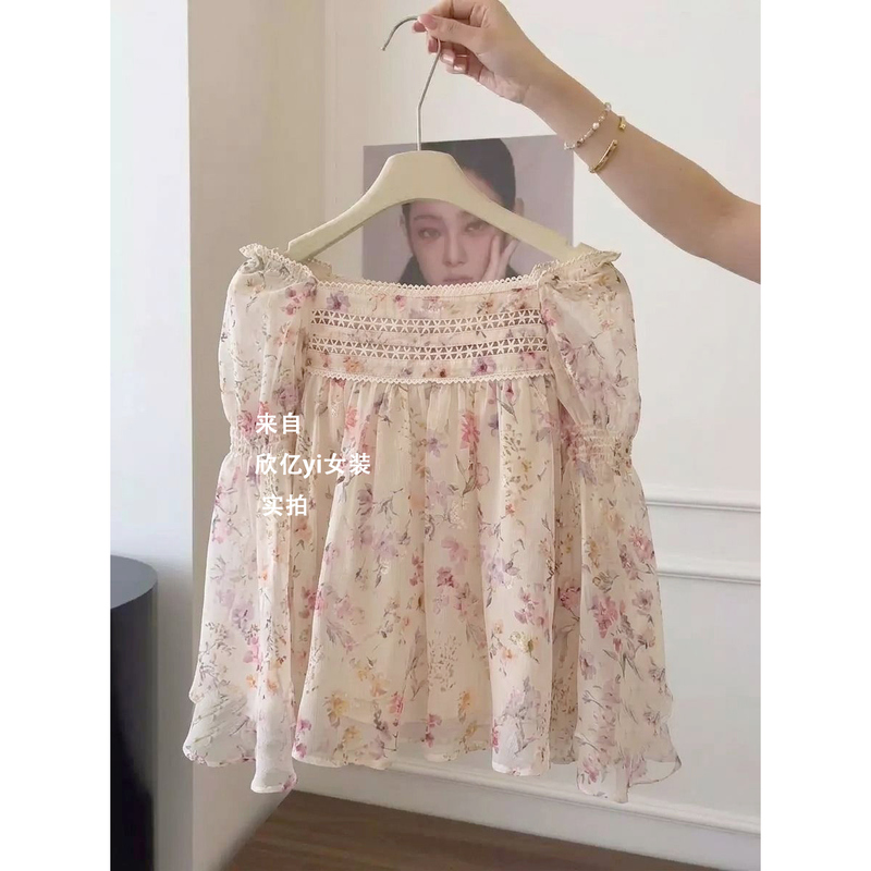 Gentle Style Square Collar Cut Out Floral Shirt Women's Clothing 2026 Autum New Style Stunning Casual Girly Top