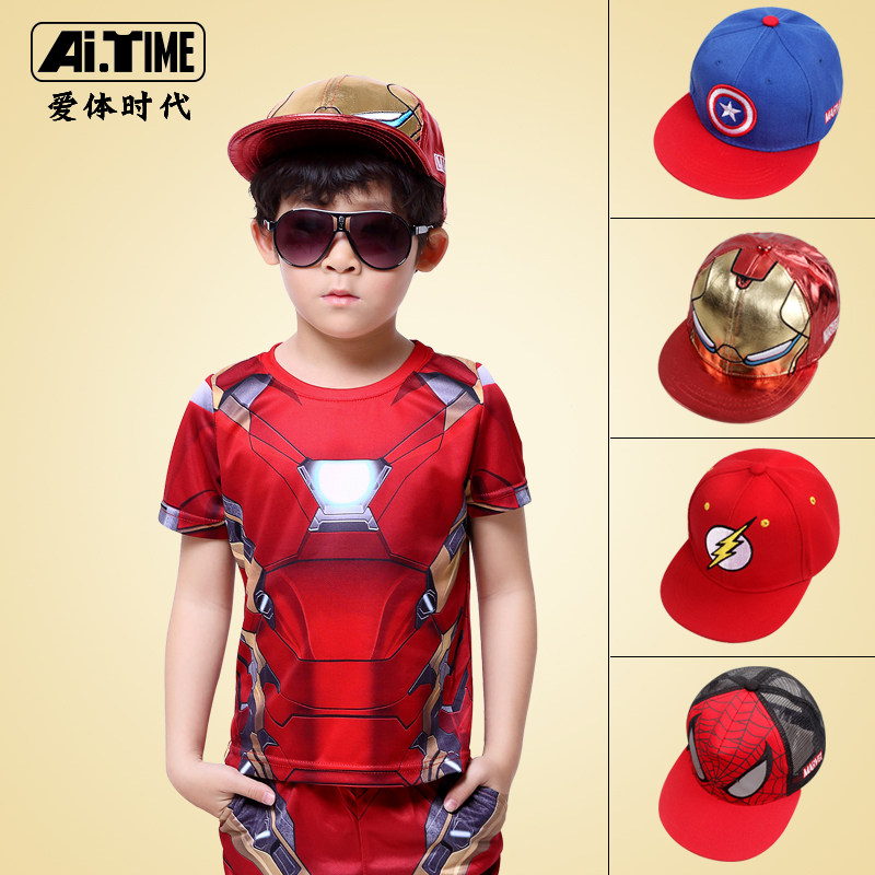 Sun Hat Boy Iron Man PU Leather Captain America Flash Cotton Polyester Spider Man breathable net outdoor sun protection