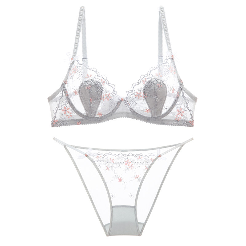 Summer super thin cup sexy lace mesh underwear complete set of sponge-free anti-bump breathable transparent bra set for women