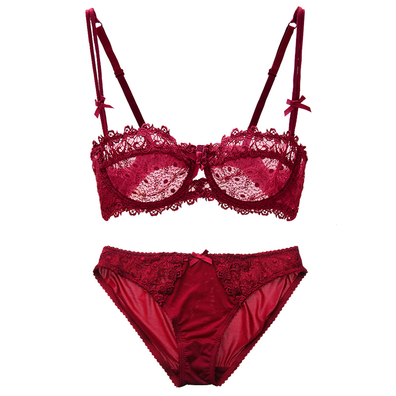 French sexy ultra-thin lace bra thin transparent half cup underwear set mesh sponge-free bra summer women