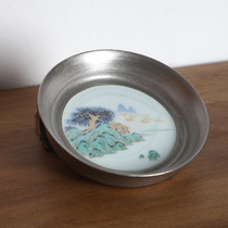 Cloud by the Mountain House hand-painted green landscape silver glaze round pot bearing diameter 12 2cm height 2cm