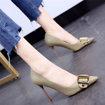 2021 spring new Korean version pointed temperament belt buckle metal fine heel shoes ol beige professional high heels women