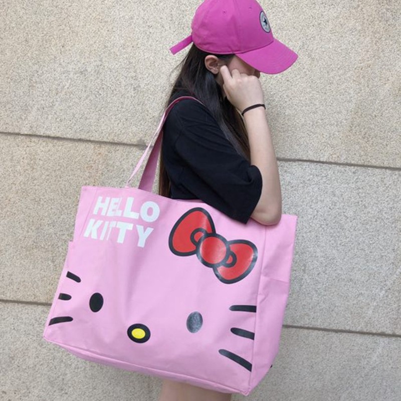 Pink canvas Hello travel bag foldable large capacity waterproof shopping bag portable shopping bag storage bag
