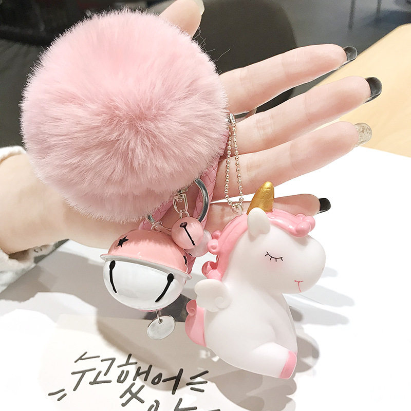 Cute unicorn doll hair ball keychain creative Rex rabbit plush bell bag pendant female car key chain