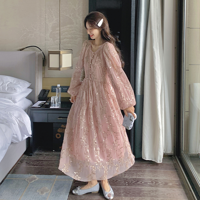 Pink Sequin Dress, Very Beautiful, Early Autumn Long-Sleeved Dress, 2025 New Style, This Year's Popular Hot Item, Waist-Cinching, High-End Feel