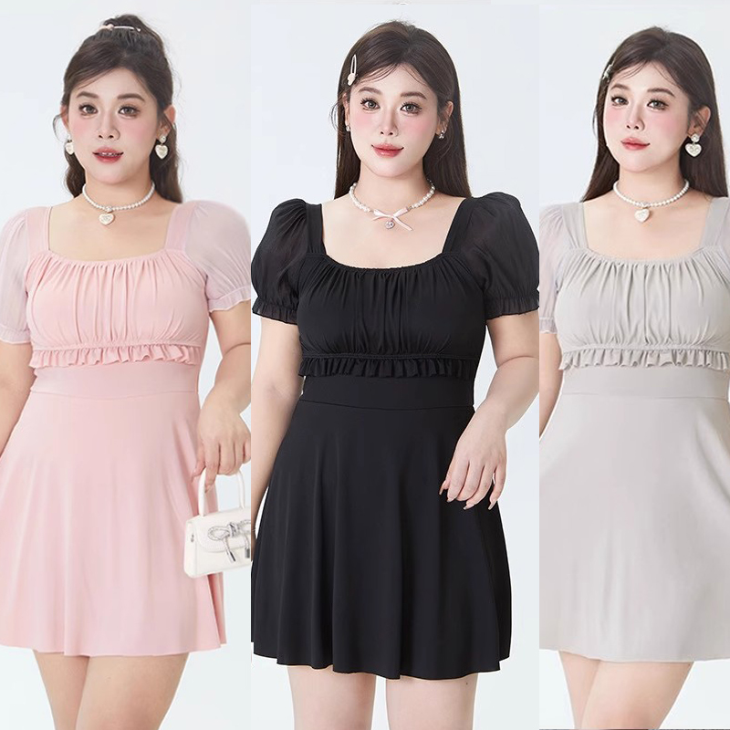 Swimsuit Women's big code one-piece dress pure color conservative short sleeve pure color plus obesity Beauty Belly Display Slim Spa Swimsuit-Taobao