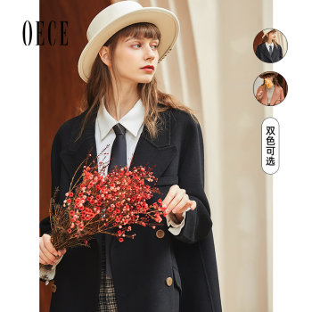 Oece冬装新款女装 复古法式中长款毛呢外套双面羊毛呢子大衣
