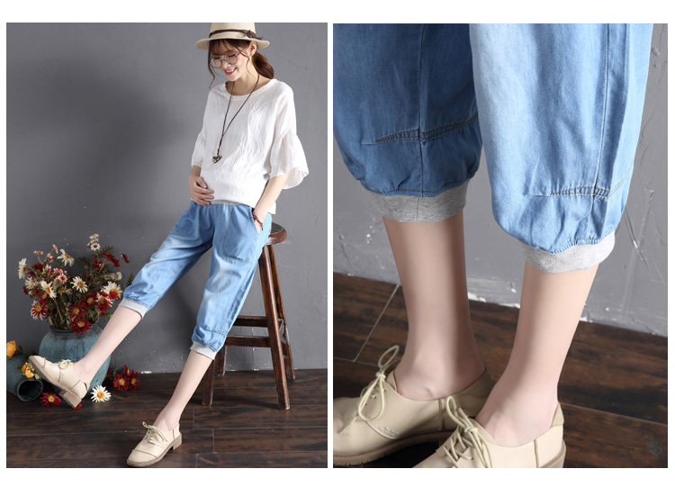 Phụ nữ mang thai cotton mùa hè kích thước lớn phụ nữ mang thai jeans loose casual cắt quần mùa hè phần mỏng dạ dày lift quần quần short