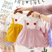 ins Korean Girls Dress Summer 2019 Fake two-piece short-sleeved T-shirt stitching suspender short skirt Female baby child skirt