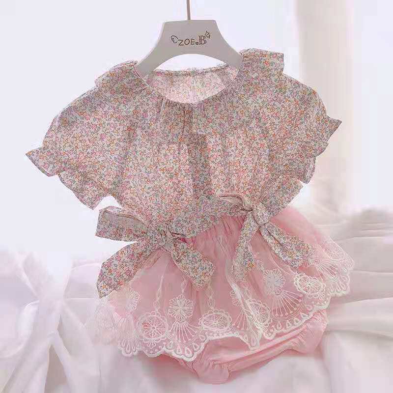 Korean version of summer dress girl suit Summer Yansends female baby 100 days old Broken Flowers Fields Garden Wind Princess Wind two sets