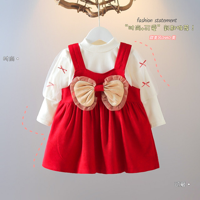 Girls dress 2022 spring and autumn new style Western-style bow girl baby skirt vest skirt two-piece New Year's dress