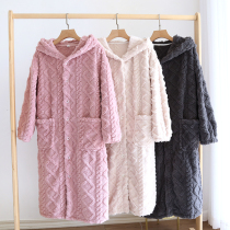 Womens long nightgown plus velvet thick coral fleece mens autumn and winter pajamas long bathrobe couple hooded home service